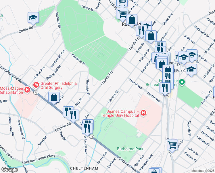 map of restaurants, bars, coffee shops, grocery stores, and more near 354 Zane Avenue in Jenkintown