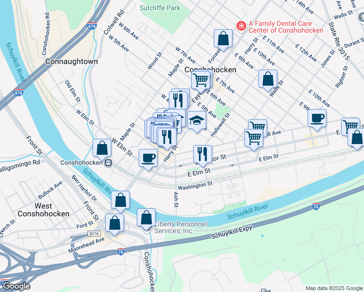 map of restaurants, bars, coffee shops, grocery stores, and more near 205 Harry Street in Conshohocken