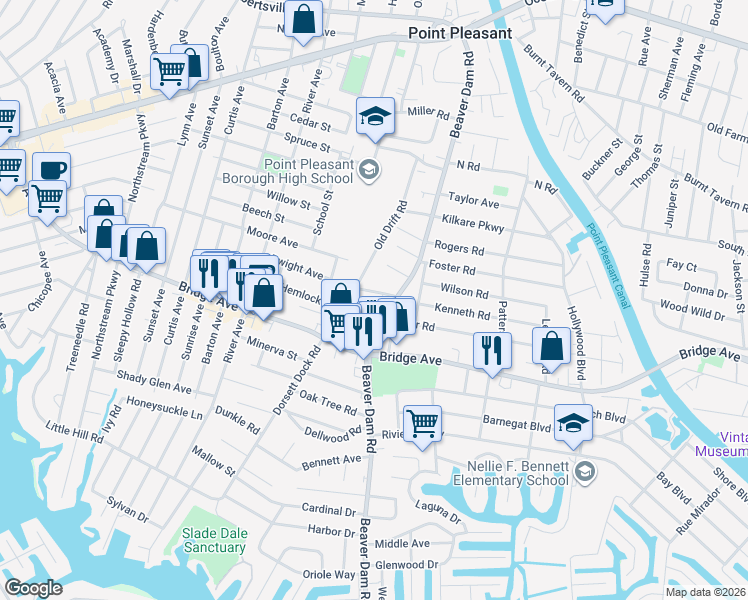 map of restaurants, bars, coffee shops, grocery stores, and more near 2308 Dorsett Dock Road in Point Pleasant
