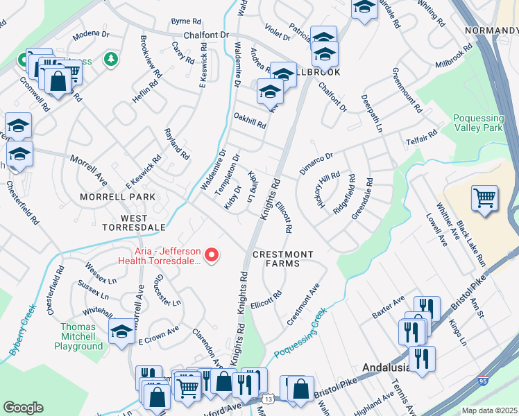 map of restaurants, bars, coffee shops, grocery stores, and more near 10904 Knights Road in Philadelphia
