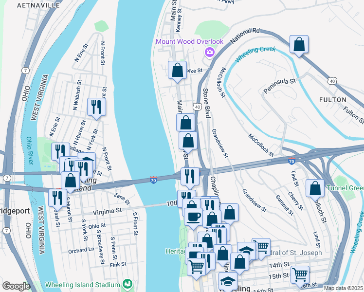 map of restaurants, bars, coffee shops, grocery stores, and more near 741 Main Street in Wheeling