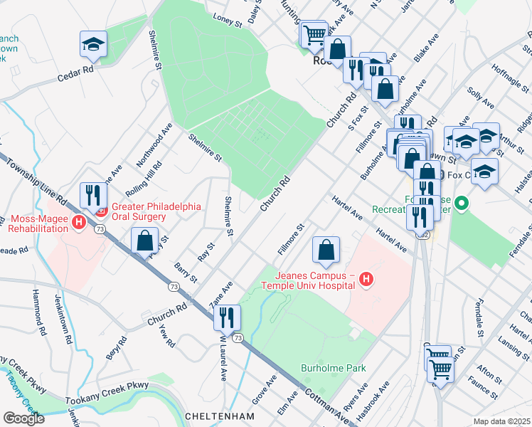 map of restaurants, bars, coffee shops, grocery stores, and more near 345 Church Road in Jenkintown