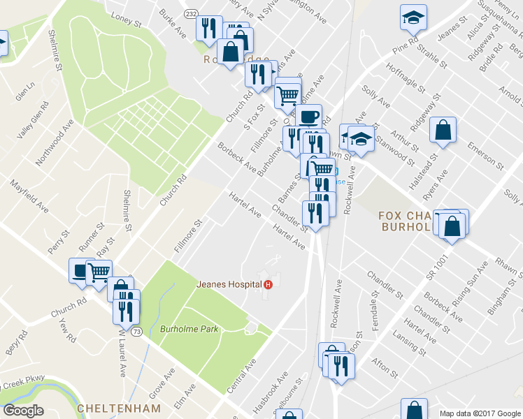 map of restaurants, bars, coffee shops, grocery stores, and more near 315 Hartel Avenue in Philadelphia