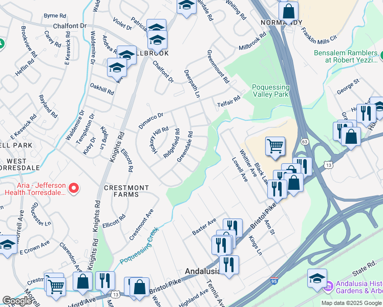 map of restaurants, bars, coffee shops, grocery stores, and more near 213 Wickley Road in Philadelphia