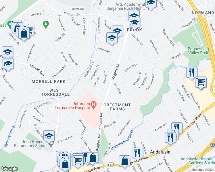 map of restaurants, bars, coffee shops, grocery stores, and more near 10904 Knights Road in Philadelphia