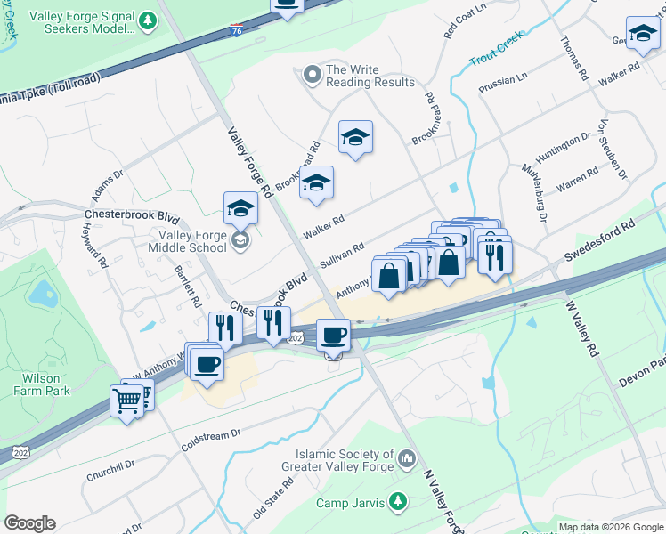map of restaurants, bars, coffee shops, grocery stores, and more near 30 Sullivan Road in Wayne
