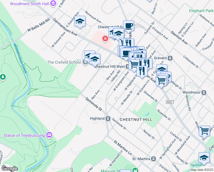 map of restaurants, bars, coffee shops, grocery stores, and more near 208 Rex Avenue in Philadelphia