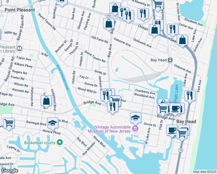 map of restaurants, bars, coffee shops, grocery stores, and more near 1607 Bay Avenue in Bay Head