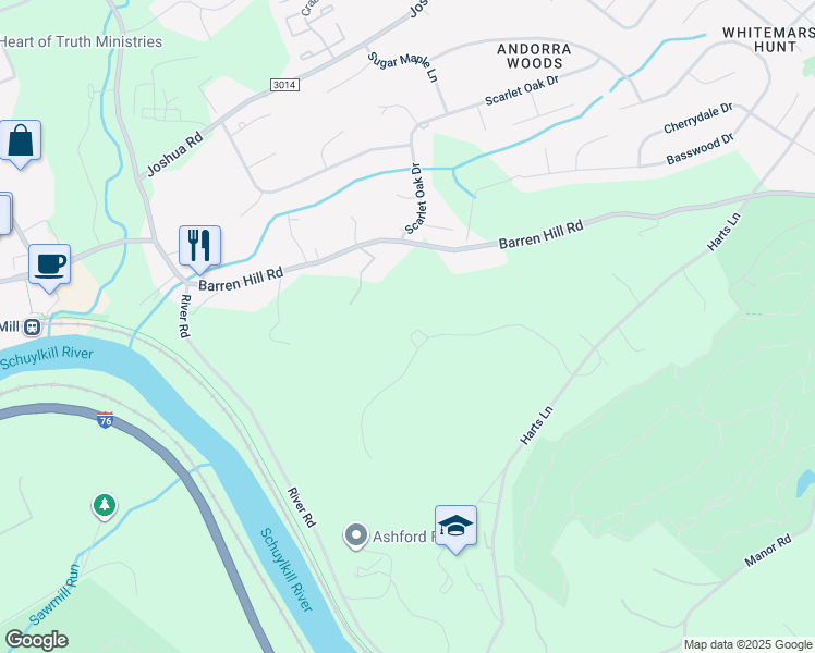 map of restaurants, bars, coffee shops, grocery stores, and more near 627 Harts Ridge Road in Conshohocken