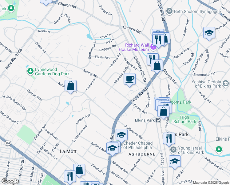 map of restaurants, bars, coffee shops, grocery stores, and more near 618 Spring Avenue in Elkins Park