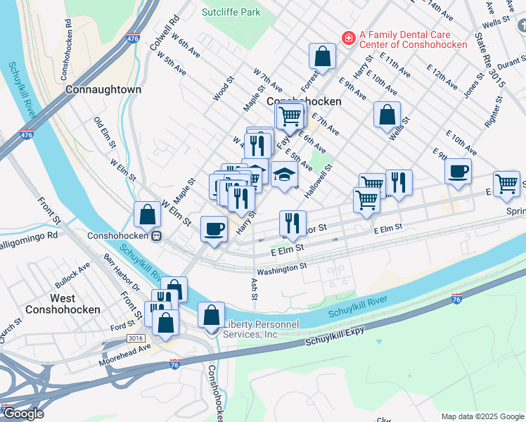 map of restaurants, bars, coffee shops, grocery stores, and more near 205 Harry Street in Conshohocken