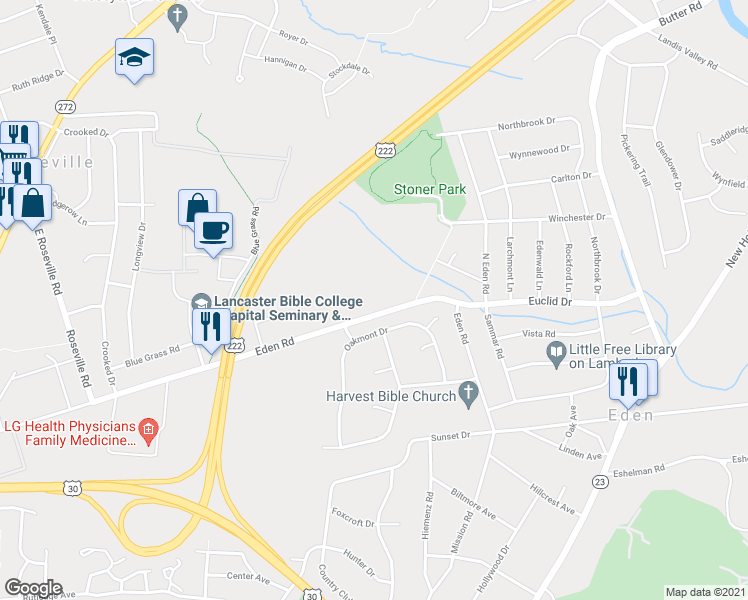 map of restaurants, bars, coffee shops, grocery stores, and more near 1153 Oakmont Drive in Lancaster