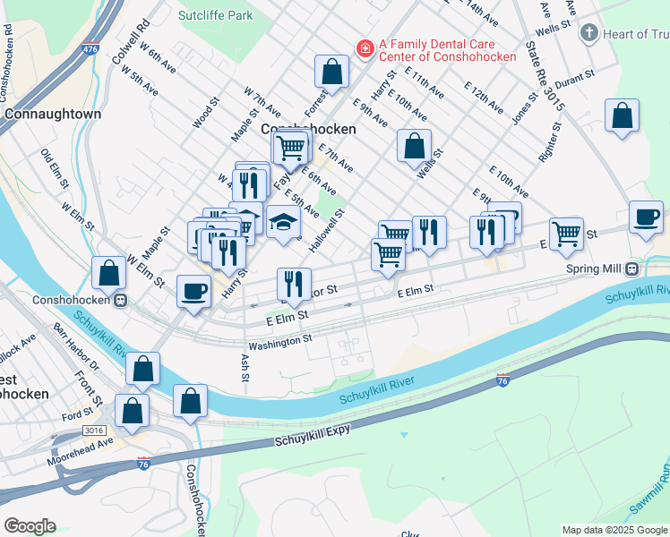map of restaurants, bars, coffee shops, grocery stores, and more near 355 Spring Mill Avenue in Conshohocken