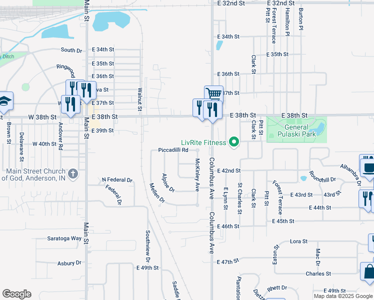 map of restaurants, bars, coffee shops, grocery stores, and more near 801 Piccadilli Road in Anderson