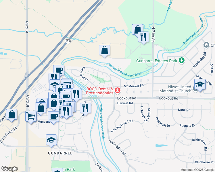 map of restaurants, bars, coffee shops, grocery stores, and more near 5521 Glendale Gulch Circle in Boulder