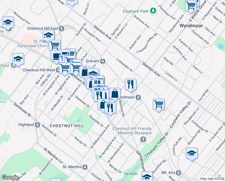 map of restaurants, bars, coffee shops, grocery stores, and more near 8121 Ardleigh Street in Philadelphia