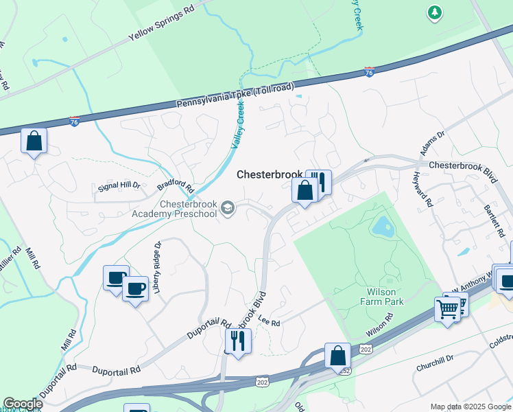 map of restaurants, bars, coffee shops, grocery stores, and more near 405 Cannon Court in Chesterbrook
