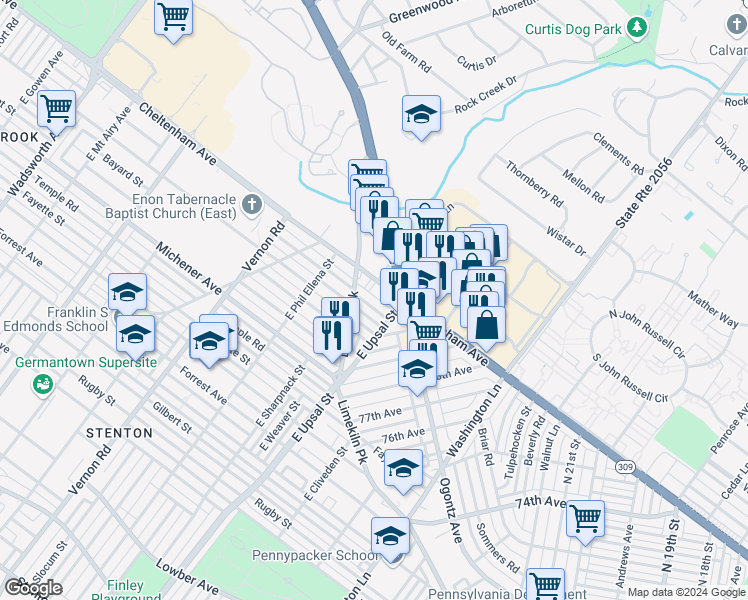 map of restaurants, bars, coffee shops, grocery stores, and more near 7731 Cedarbrook Avenue in Philadelphia