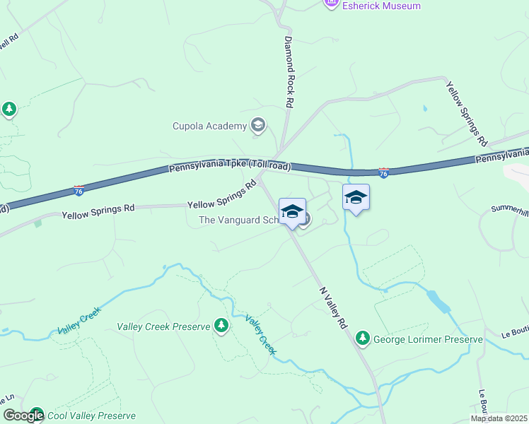 map of restaurants, bars, coffee shops, grocery stores, and more near 1820 North Valley Road in Malvern