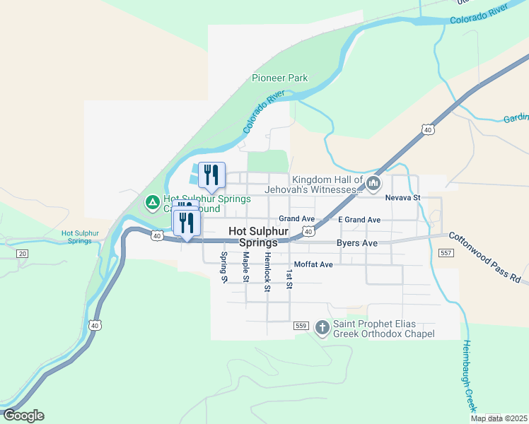 map of restaurants, bars, coffee shops, grocery stores, and more near 402 Hemlock Street in Parshall