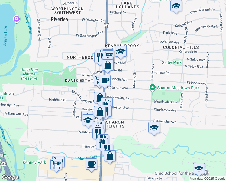map of restaurants, bars, coffee shops, grocery stores, and more near 35 East Stanton Avenue in Columbus