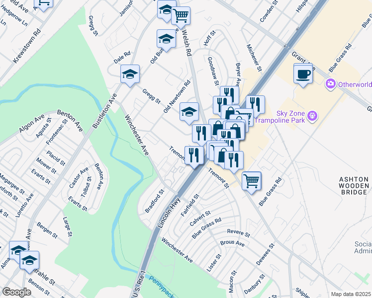 map of restaurants, bars, coffee shops, grocery stores, and more near 2301 Tremont Street in Philadelphia