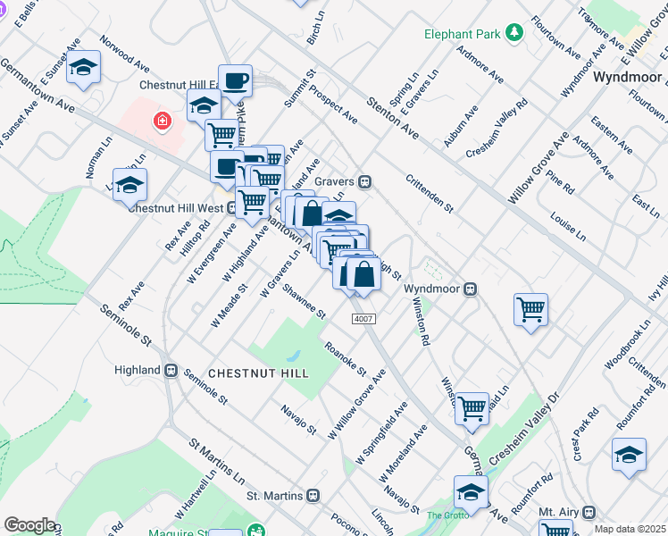 map of restaurants, bars, coffee shops, grocery stores, and more near 8301 Germantown Avenue in Philadelphia