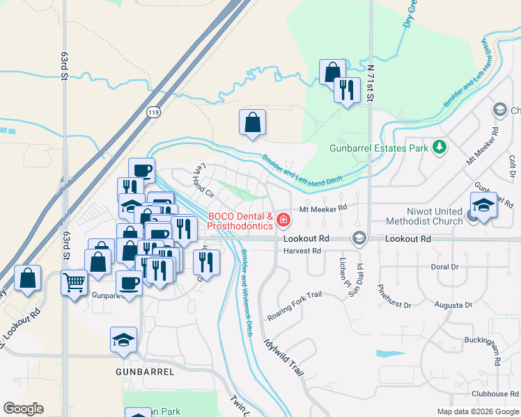 map of restaurants, bars, coffee shops, grocery stores, and more near 5521 Glendale Gulch Circle in Boulder