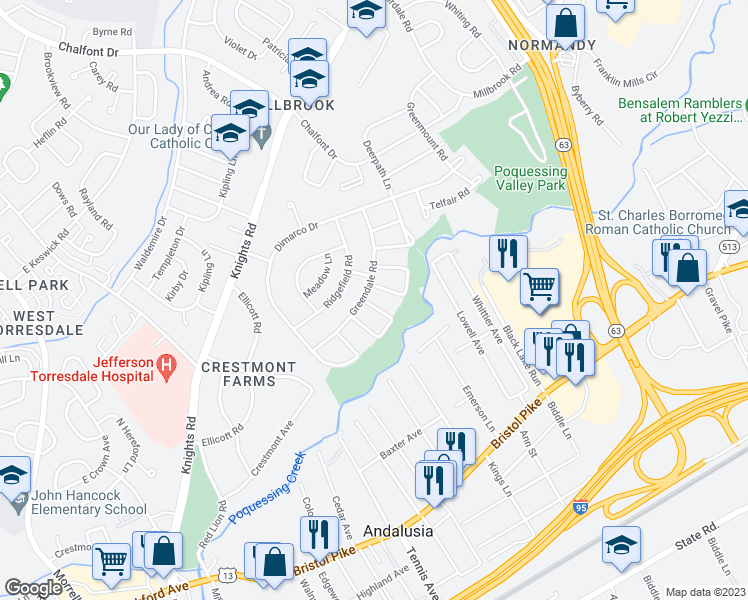 map of restaurants, bars, coffee shops, grocery stores, and more near 211 Wickley Road in Philadelphia