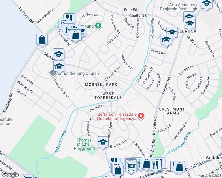 map of restaurants, bars, coffee shops, grocery stores, and more near 3423 Morrell Avenue in Philadelphia