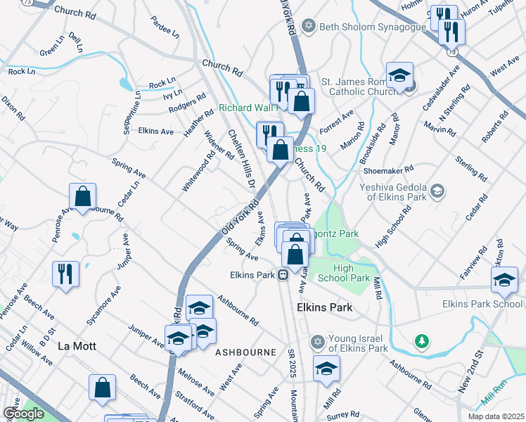 map of restaurants, bars, coffee shops, grocery stores, and more near 545 Elkins Avenue in Elkins Park