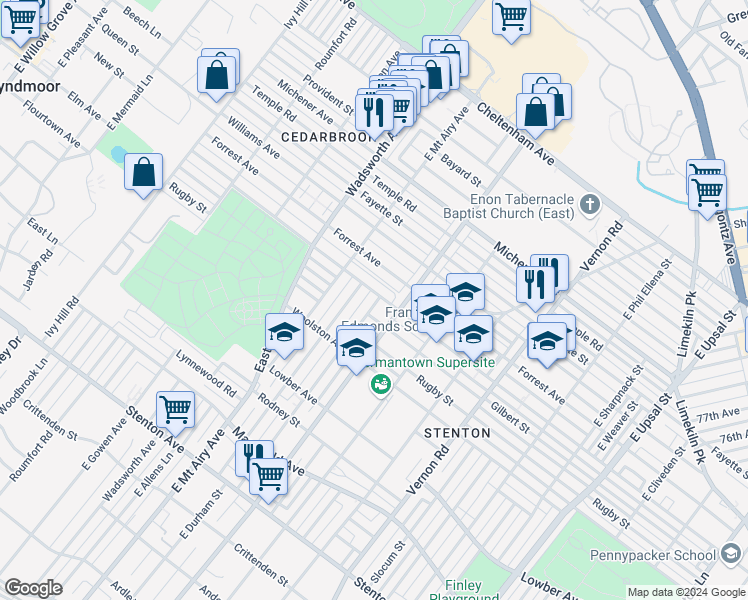 map of restaurants, bars, coffee shops, grocery stores, and more near 8224 Thouron Avenue in Philadelphia