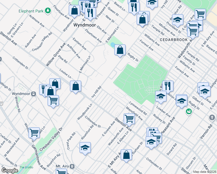 map of restaurants, bars, coffee shops, grocery stores, and more near 8625 Mansfield Avenue in Philadelphia