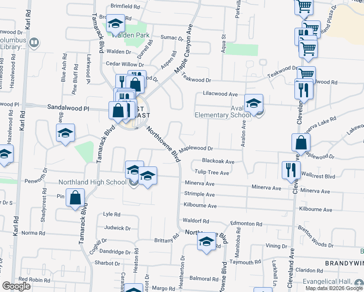 map of restaurants, bars, coffee shops, grocery stores, and more near 2094 Maplewood Drive in Columbus