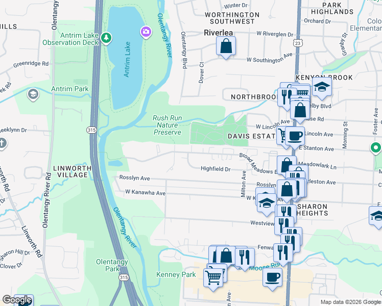 map of restaurants, bars, coffee shops, grocery stores, and more near 331 Broad Meadows Boulevard in Columbus
