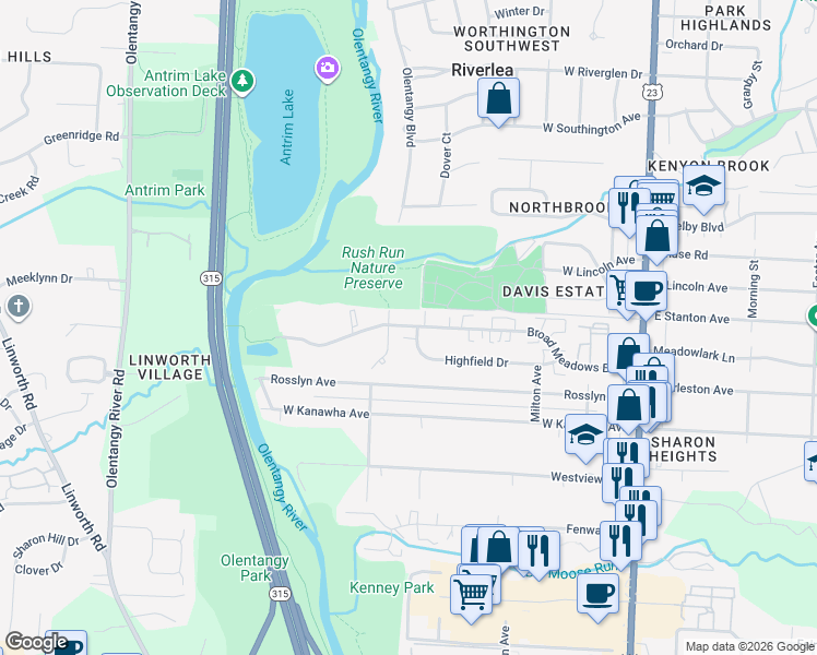 map of restaurants, bars, coffee shops, grocery stores, and more near 331 Broad Meadows Boulevard in Columbus