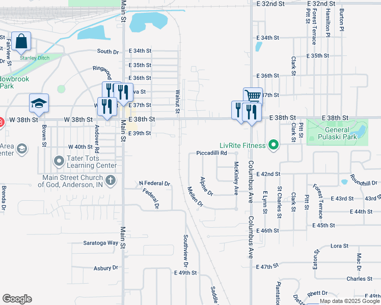 map of restaurants, bars, coffee shops, grocery stores, and more near 4013 Mellen Drive in Anderson