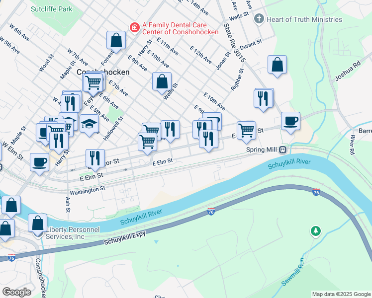 map of restaurants, bars, coffee shops, grocery stores, and more near 637 East Hector Street in Conshohocken