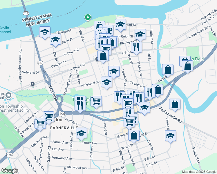 map of restaurants, bars, coffee shops, grocery stores, and more near 523 Locust Avenue in Burlington