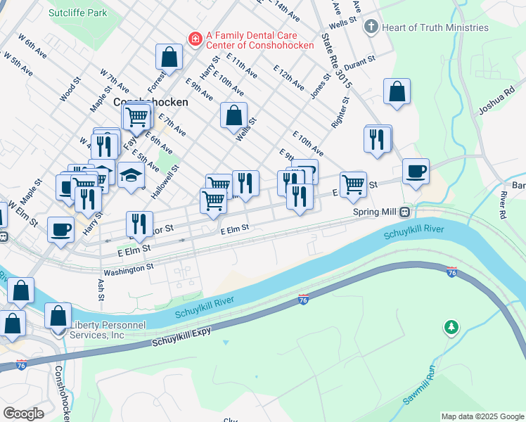 map of restaurants, bars, coffee shops, grocery stores, and more near 627 East Hector Street in Conshohocken