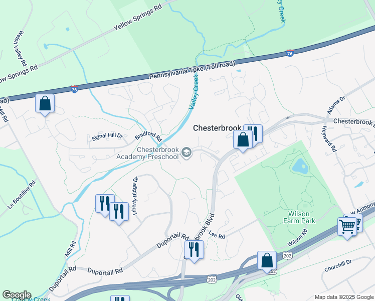 map of restaurants, bars, coffee shops, grocery stores, and more near 101 Cavalry Court in Chesterbrook