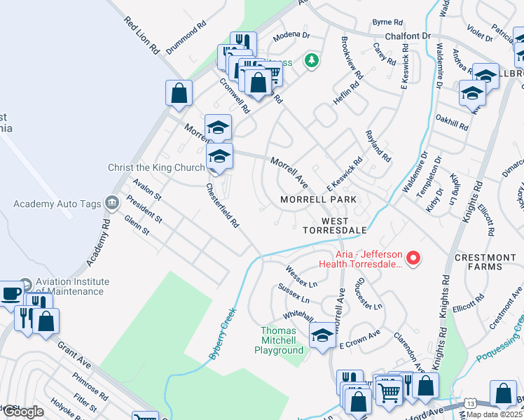 map of restaurants, bars, coffee shops, grocery stores, and more near 3300 South Keswick Plaza in Philadelphia