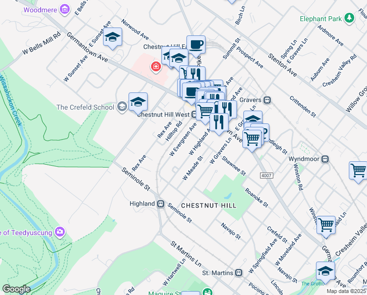 map of restaurants, bars, coffee shops, grocery stores, and more near 124 West Evergreen Avenue in Philadelphia