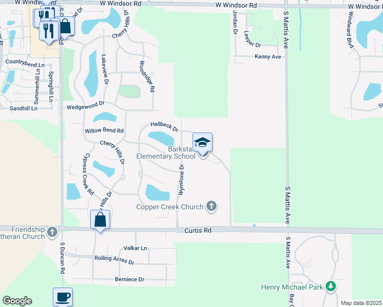 map of restaurants, bars, coffee shops, grocery stores, and more near 2201 Hallbeck Drive in Champaign