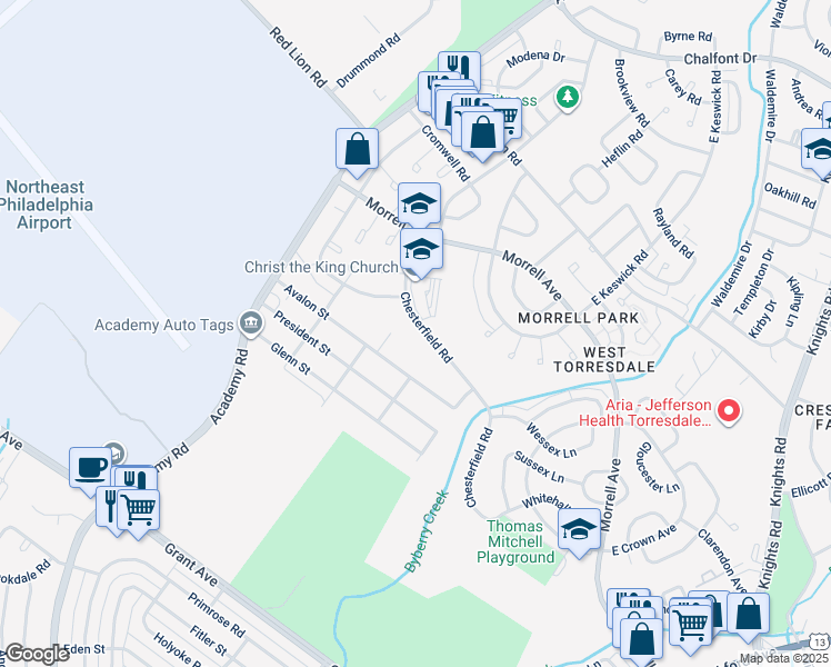 map of restaurants, bars, coffee shops, grocery stores, and more near 3324 Chesterfield Road in Philadelphia