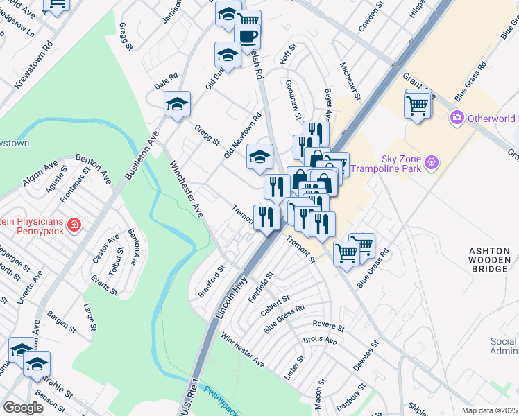 map of restaurants, bars, coffee shops, grocery stores, and more near 2301 Tremont Street in Philadelphia