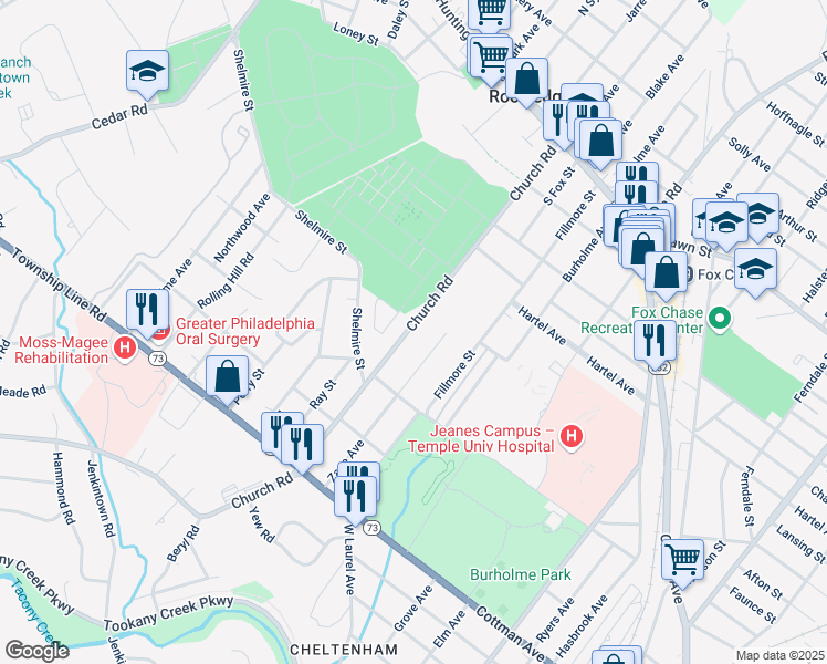 map of restaurants, bars, coffee shops, grocery stores, and more near 345 Church Road in Jenkintown
