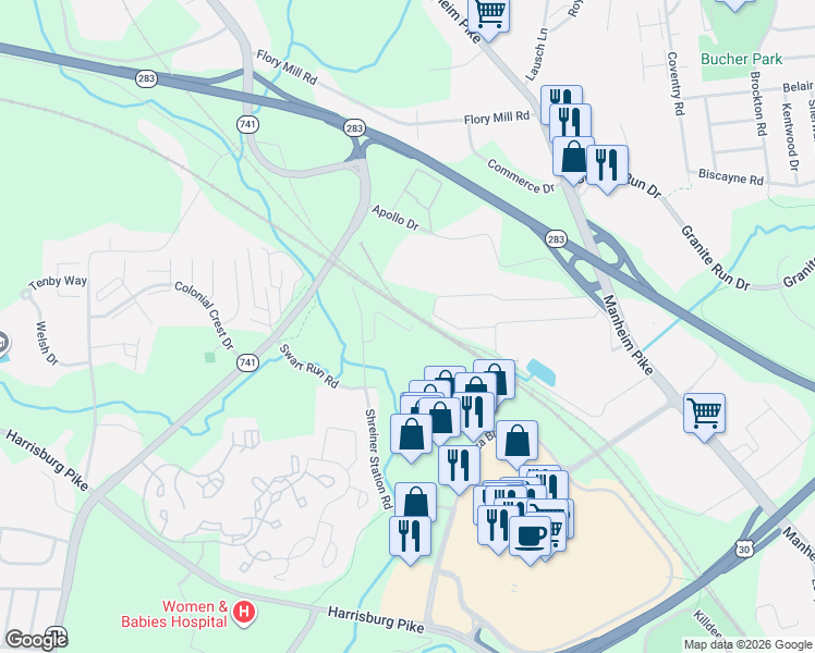map of restaurants, bars, coffee shops, grocery stores, and more near 1362 Blue Jay Drive in Lancaster