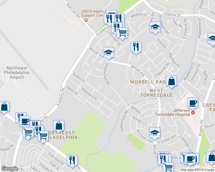 map of restaurants, bars, coffee shops, grocery stores, and more near 3324 Chesterfield Road in Philadelphia