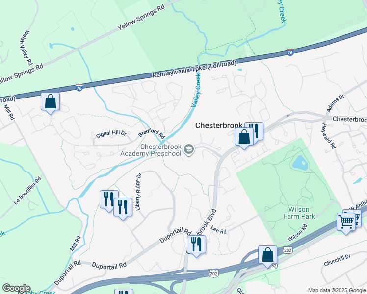 map of restaurants, bars, coffee shops, grocery stores, and more near 101 Cavalry Court in Chesterbrook